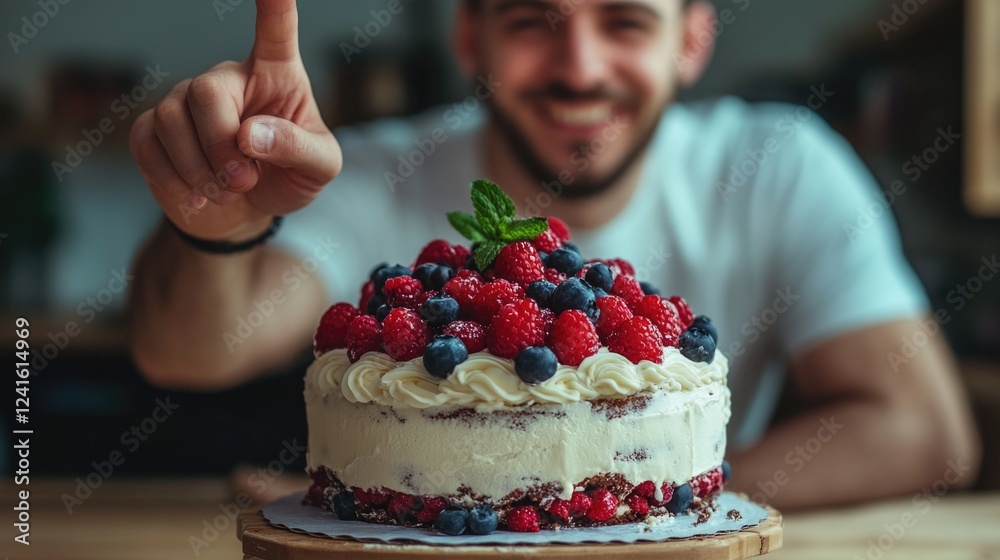 Cheerful man with dark hair and light skin holds a delicious berry cake topped with raspberries and blueberries, gesturing with his finger in a cozy indoor kitchen setting. Cheerful man with dark hair and light skin holds a delicious berry cake topped with raspberries and blueberries, gesturing with his finger in a cozy indoor kitchen setting.