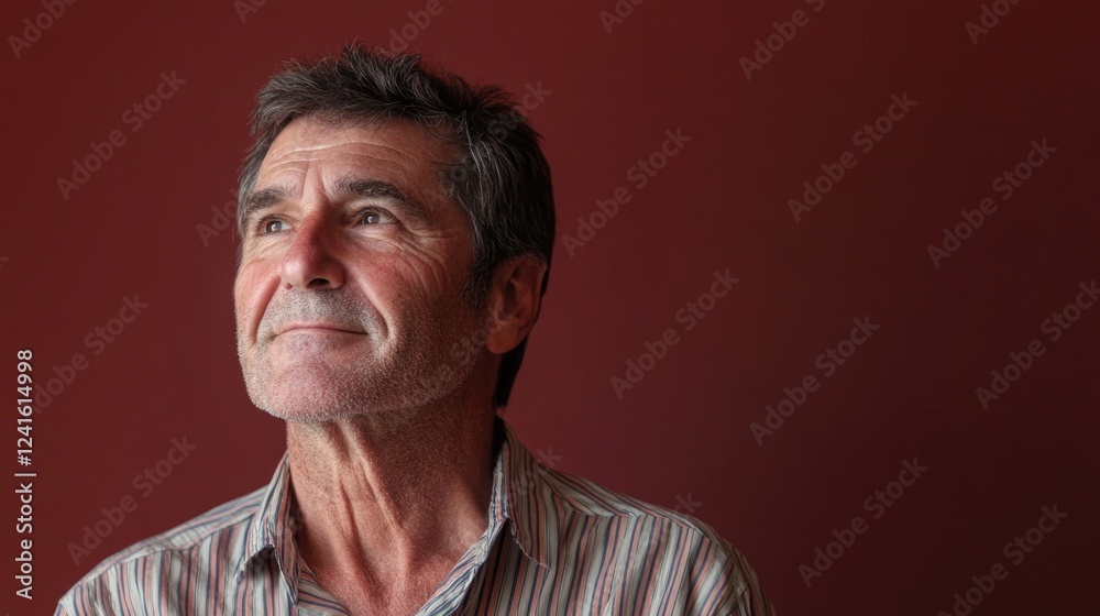 Obraz premium thoughtful 30-year-old man in colorful striped shirt gazing upwards with pensive expression against deep red textured background