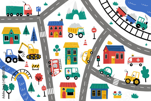 Cute little town map with cars, houses, mountains, roads, trees, train, police car, ambulance, truck. Doodle cityscape for nursery carpet print. Hand-drawn maps for kids room, nursery decor, bed linen
