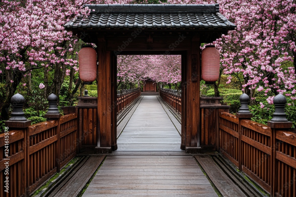 Obraz premium Entering a traditional japanese garden gate a serene view
