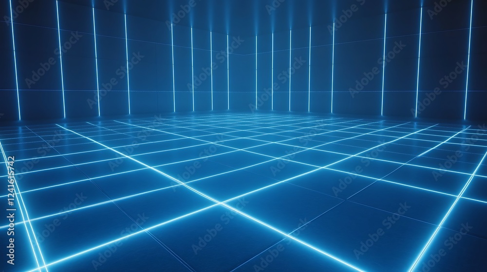 Blue neon grid floor, dark room, backdrop Blue neon grid floor, dark room, backdrop