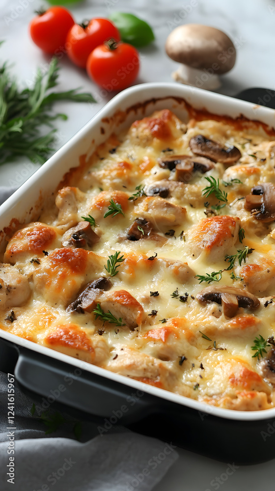 Mushroom and chicken casserole with cheese and breadcrumbs. Mushroom and chicken casserole with cheese and breadcrumbs.