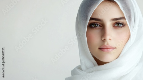 young woman with green eyes wearing a white yashmak on a light neutral background showcasing beauty and elegance in a minimalist setting
