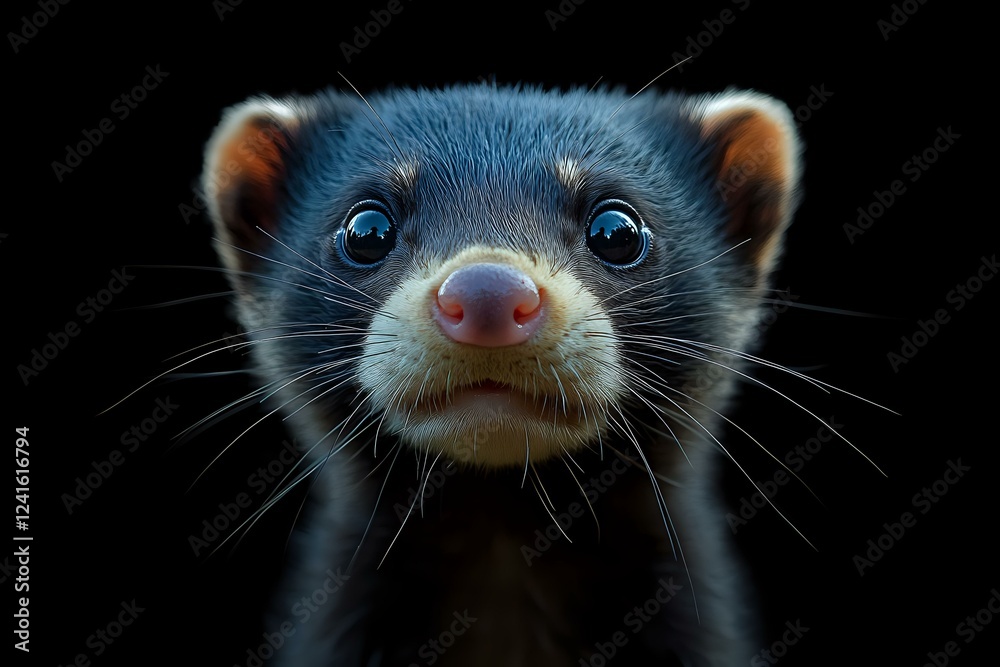 Close-up portrait of curious ferret with bright blue eyes and pink nose against dark background, dramatic lighting highlights facial features and whiskers. Close-up portrait of curious ferret with bright blue eyes and pink nose against dark background, dramatic lighting highlights facial features and whiskers.