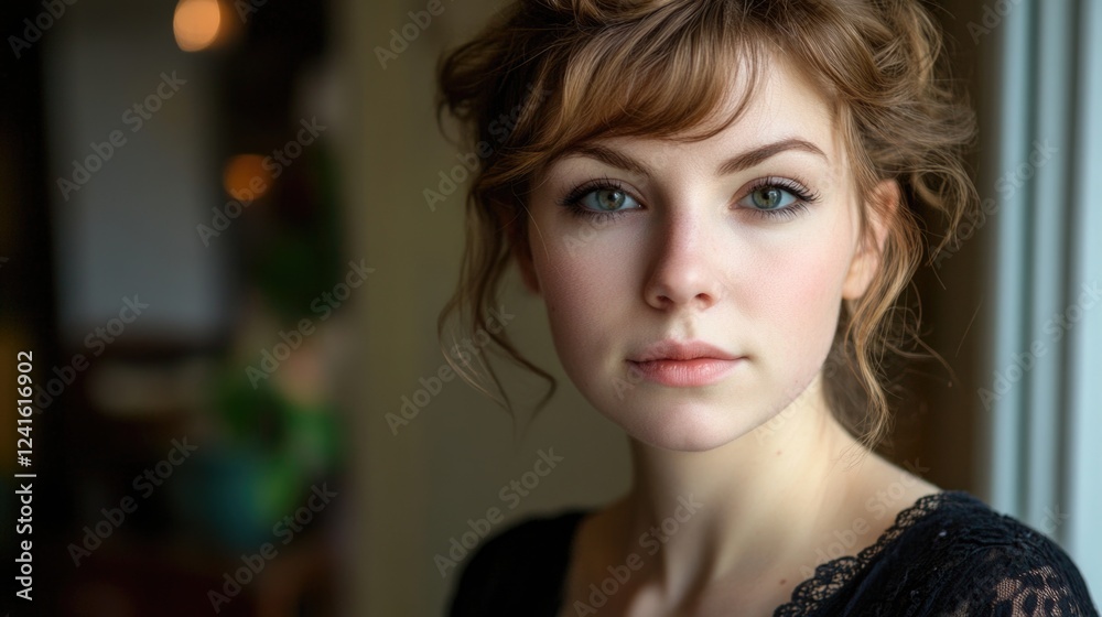 Fototapeta premium Close-up portrait of young adult woman with soft brown hair and green eyes, wearing black lace top, natural light ambiance in indoor setting.