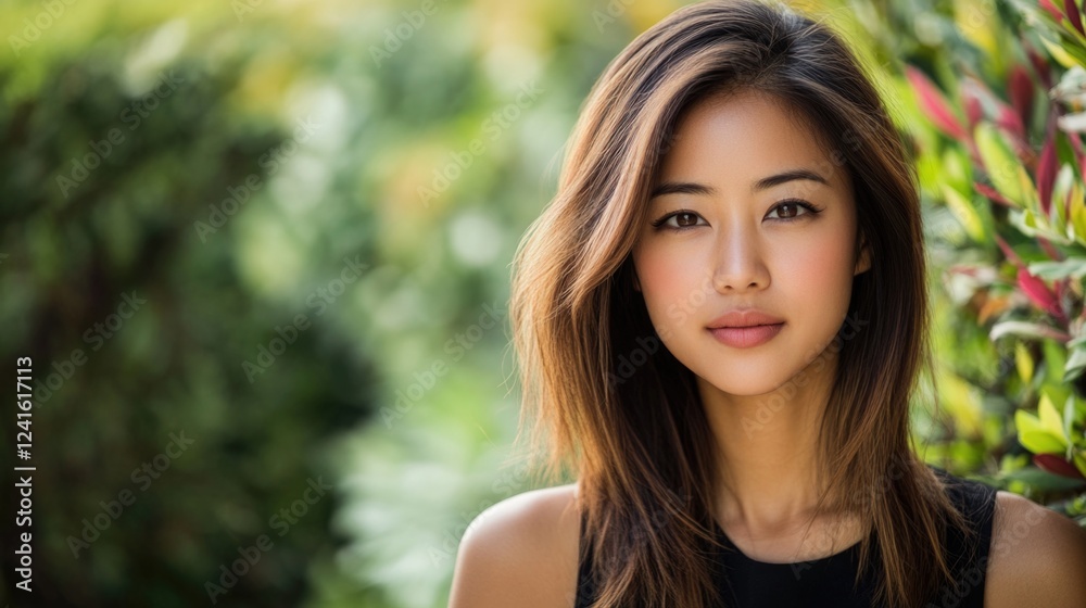 Young Asian businesswoman with long brown hair smiling outdoors surrounded by green foliage, conveying elegance and professional confidence. Young Asian businesswoman with long brown hair smiling outdoors surrounded by green foliage, conveying elegance and professional confidence.