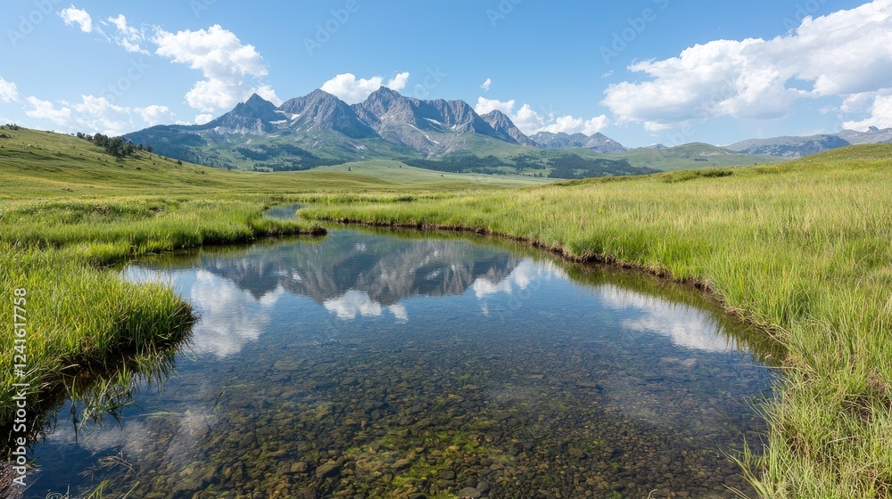 Mountain reflection in calm stream, summer meadow Mountain reflection in calm stream, summer meadow