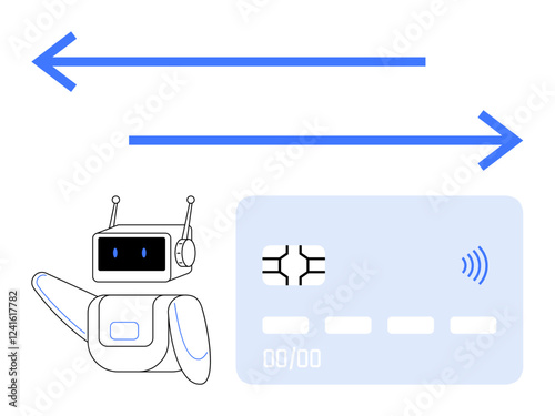 AI robot near credit card and bidirectional arrows illustrating automated payment systems, secure transactions, and fintech innovation. Ideal for finance, e-commerce, AI, banking, mobile payments
