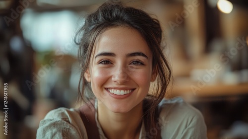 Smiling young woman craftsperson with relaxed hairstyle in casual attire in warm-toned workshop, showcasing creativity and joy in artistry.