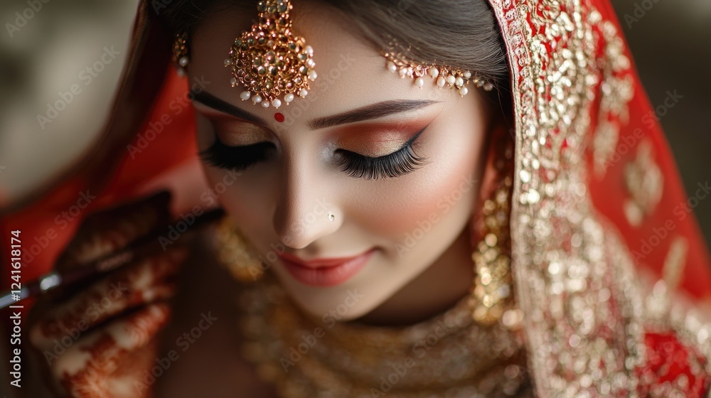 Dazzling bride in a red traditional outfit undergoing makeup application with intricate jewelry and soft lighting setting a romantic ambiance. Dazzling bride in a red traditional outfit undergoing makeup application with intricate jewelry and soft lighting setting a romantic ambiance.