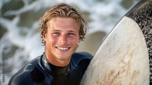Obraz na płótnie Smiling young male surfer with tousled blonde hair holding surfboard at ocean shore, wearing black wetsuit against waves in warm sunlight. w salonie