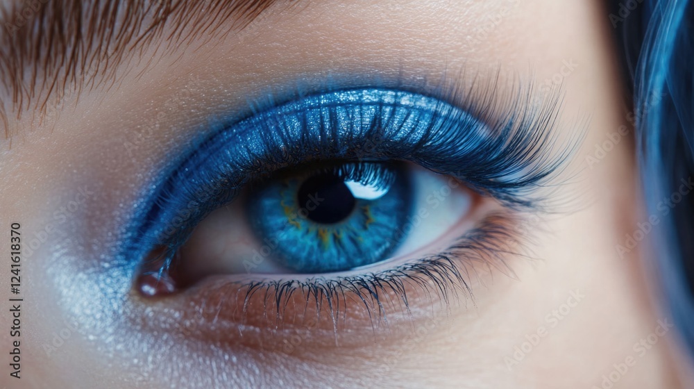 Obraz premium Close-up of a woman's eye featuring long blue ombre eyelashes and vibrant eyeshadow highlighting beauty and eyelash extension artistry.