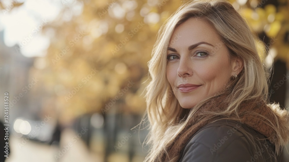 Fototapeta premium Blonde adult woman in autumn park smiling softly with golden leaves in the background showcasing a warm, vibrant outdoor portraiture.