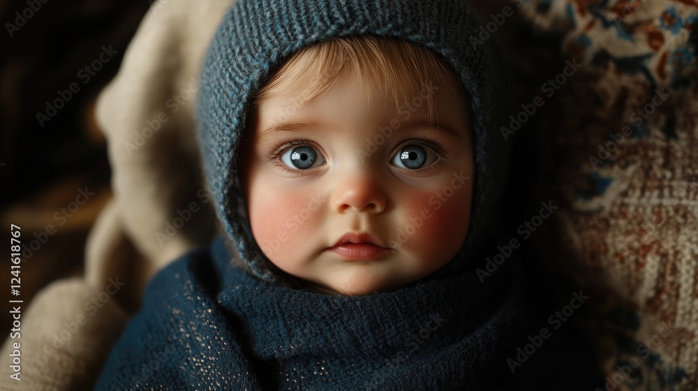 Captivating portrait of a toddler with blue eyes and a playful expression, wearing a blue knitted hat and scarf, against a textured indoor background. Captivating portrait of a toddler with blue eyes and a playful expression, wearing a blue knitted hat and scarf, against a textured indoor background.