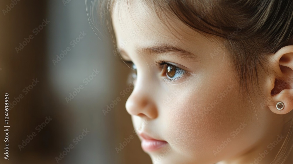 Close-up profile of a young girl with brown eyes and intricate earrings, softly illuminated, showcasing delicate features and smooth skin tones in a warm indoor setting.