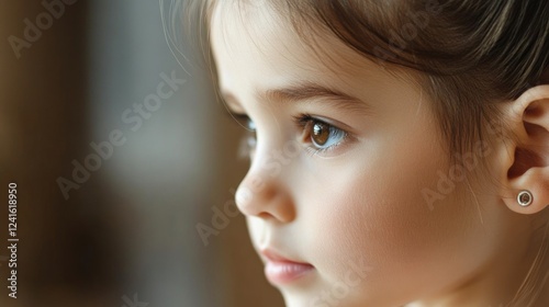 Obraz na płótnie Close-up profile of a young girl with brown eyes and intricate earrings, softly illuminated, showcasing delicate features and smooth skin tones in a warm indoor setting. w salonie