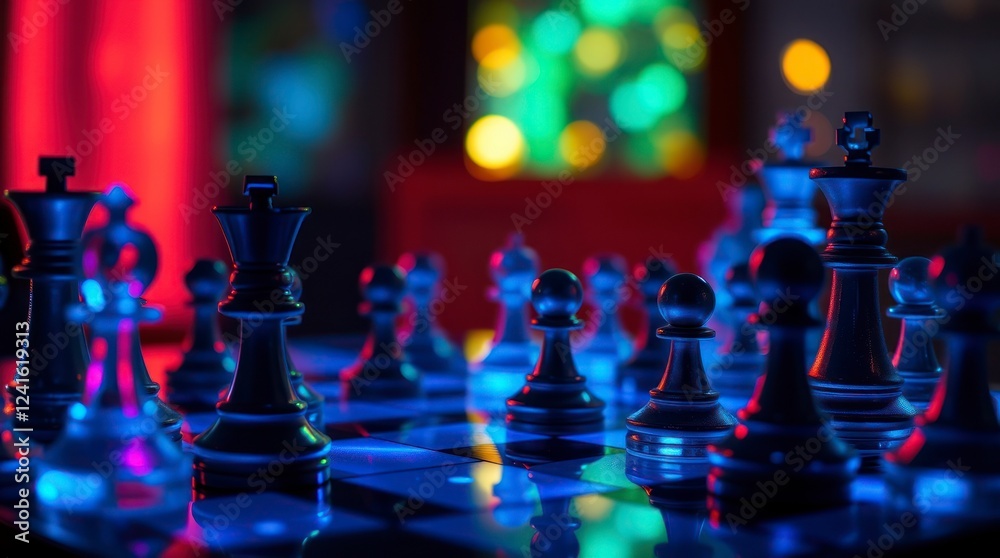 Dramatic Chess Game Night Lit with Neon Lights Dramatic Chess Game Night Lit with Neon Lights