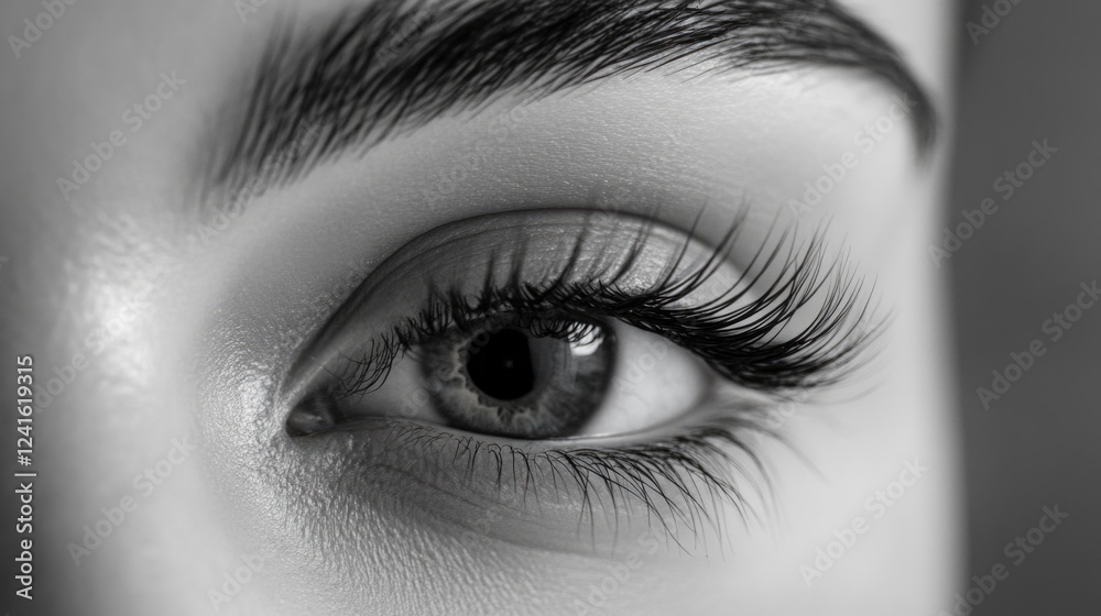 Close-up of a woman's eye with elegant long eyelashes and perfectly shaped eyebrows in a beauty salon setting, monochrome elegance for lash extension concept. Close-up of a woman's eye with elegant long eyelashes and perfectly shaped eyebrows in a beauty salon setting, monochrome elegance for lash extension concept.