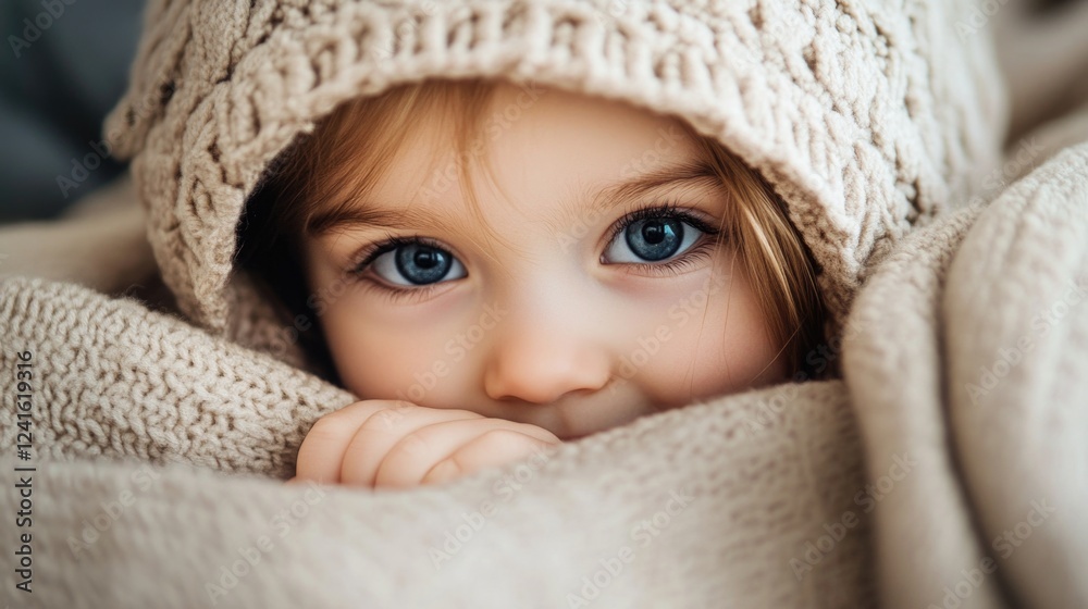 Curious toddler with bright blue eyes peeking out from cozy beige knit blanket, capturing innocence and warmth in a soft indoor setting. Curious toddler with bright blue eyes peeking out from cozy beige knit blanket, capturing innocence and warmth in a soft indoor setting.