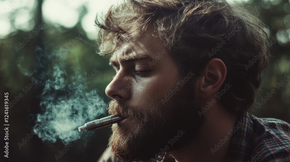 Fototapeta premium Bearded young man smoking electronic cigarette outdoors in soft sunlight with a blurred natural background, creating a relaxed atmosphere