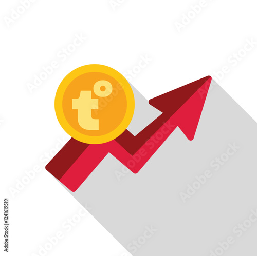 Tugrik currency is going up, represented by a gold coin with the mongolian tugrik symbol and a red arrow pointing upwards