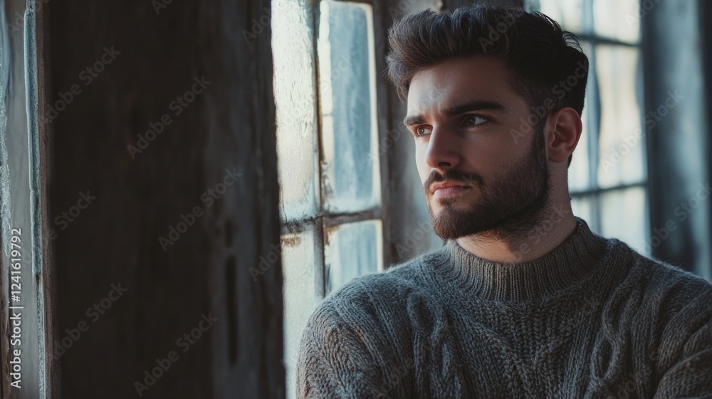 Obraz premium Handsome young man in gray wool sweater standing in old building next to large window, deep in thought with natural light illuminating his face.