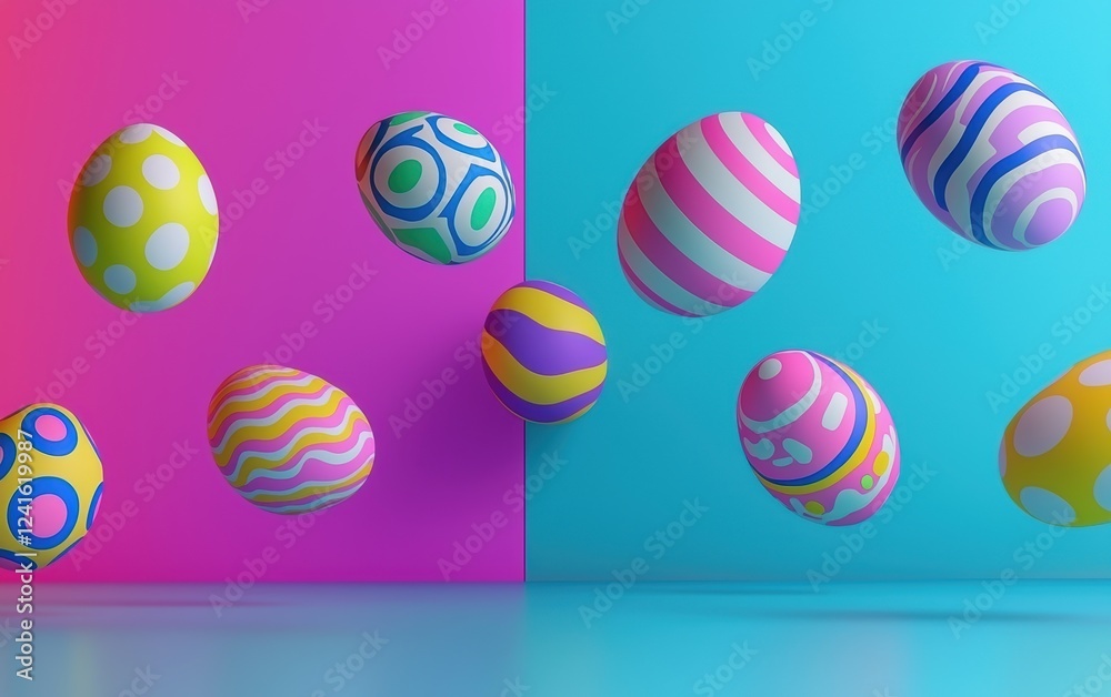 Modern mockup background with space for text featuring neon-colored Easter eggs floating over a futuristic gradient backdrop for Easter