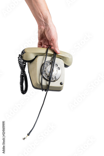 Retro telephone in hand isolated on white background.