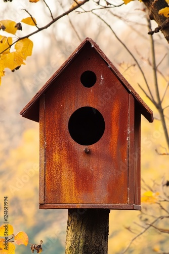 Rustic wooden birdhouse with a weathered red finish on an old wood post, surrounded by leaves, in a serene outdoor setting. photo