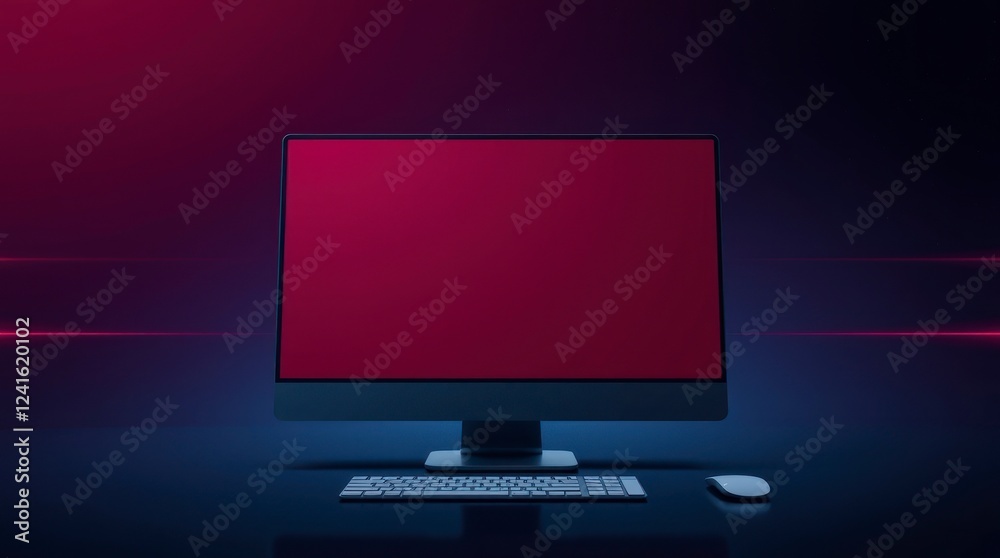 Modern Computer Desktop Setup Dark Red Screen Background Modern Computer Desktop Setup Dark Red Screen Background