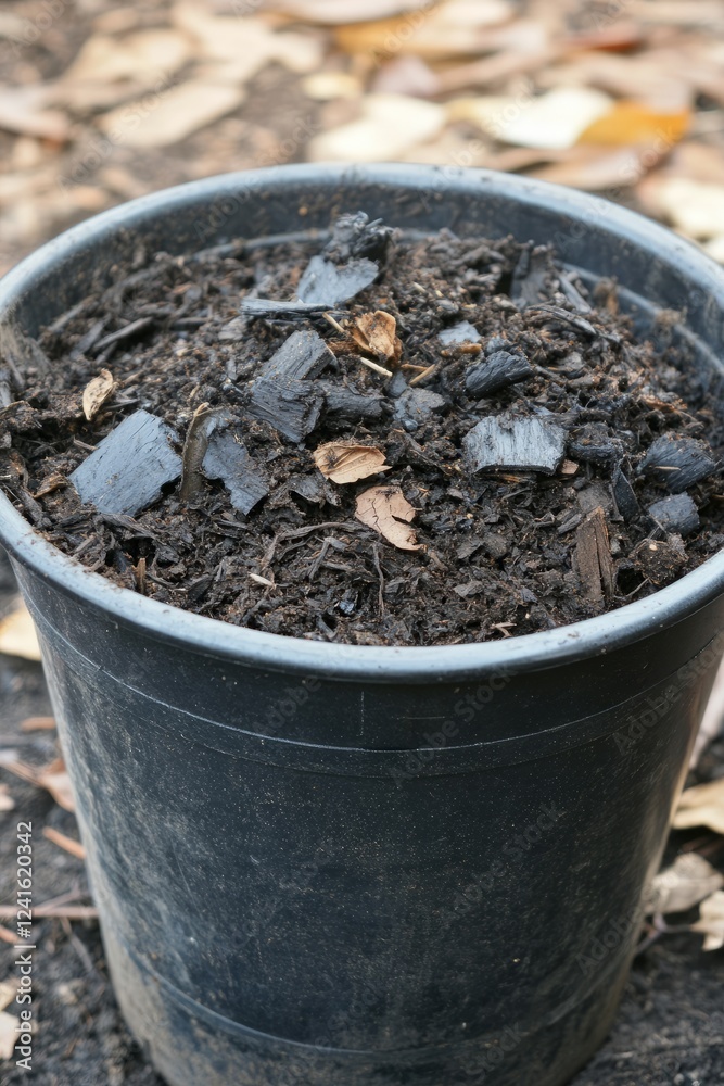 Bucket filled with soil and biochar for gardening. Bucket filled with soil and biochar for gardening.