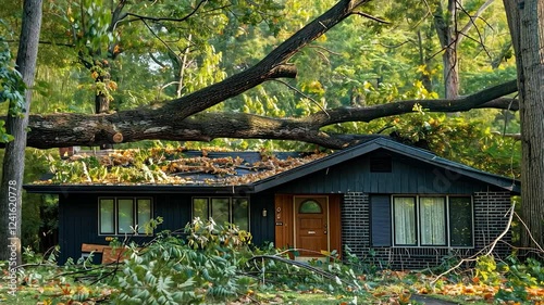 Fallen tree branch on a house roof after a storm, causing damage and creating a hazardous situation with debris scattered around.