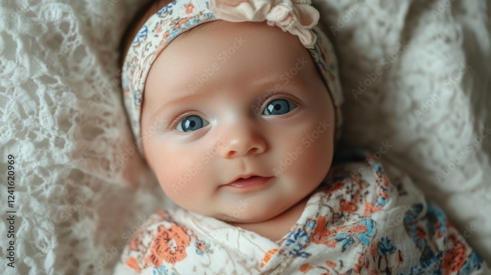 Adorable newborn baby girl with blue eyes wearing floral swaddle and headband, lying on soft cream lace background, perfect for parenting love concept. Adorable newborn baby girl with blue eyes wearing floral swaddle and headband, lying on soft cream lace background, perfect for parenting love concept.