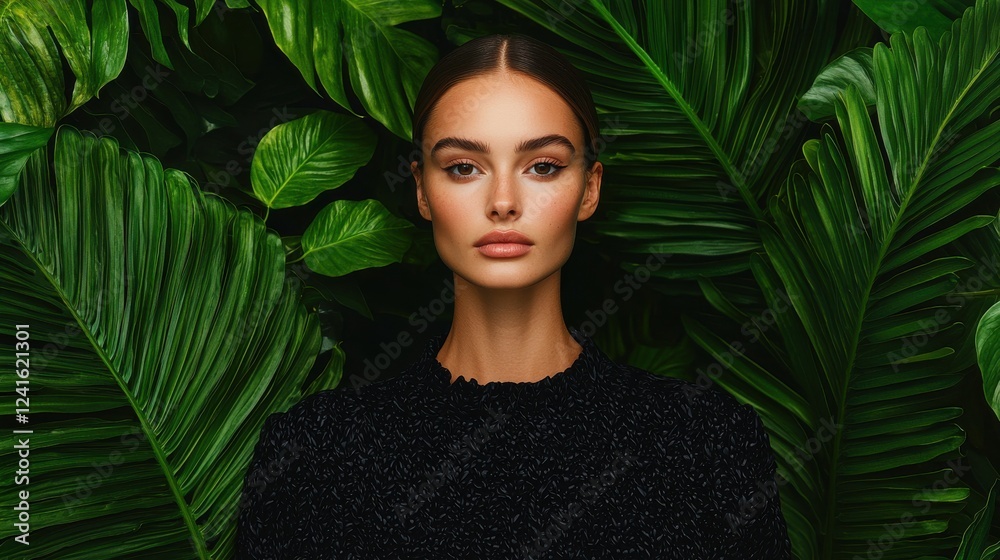 A serene portrait of a woman surrounded by lush green foliage, showcasing natural beauty and elegance.