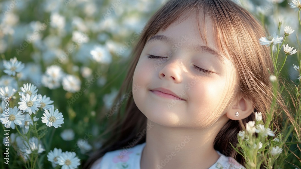 young girl with closed eyes smiling in a field of white flowers under bright sunlight, experiencing harmony and beauty of nature in a joyful moment young girl with closed eyes smiling in a field of white flowers under bright sunlight, experiencing harmony and beauty of nature in a joyful moment