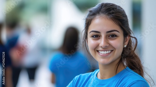 Smiling young woman volunteer in bright blue t-shirt poses confidently in modern indoor setting, showcasing dedication and warmth with joyful expression. Free Download Smiling young woman volunteer in bright blue t-shirt poses confidently in modern indoor setting, showcasing dedication and warmth with joyful expression. - GFXLoad