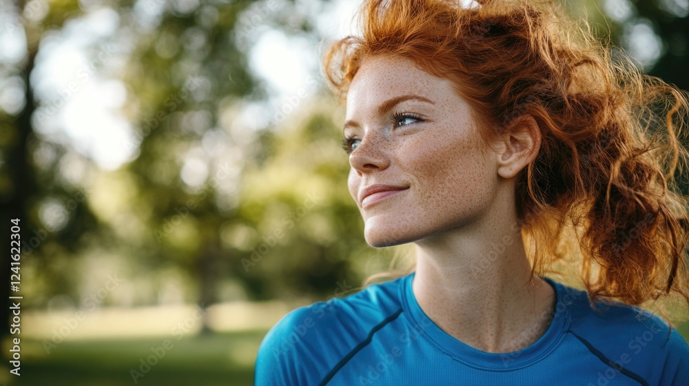 Relaxed young woman with vibrant red hair wearing a blue jersey, smiling softly while seated in a lush green park on a sunny day. Relaxed young woman with vibrant red hair wearing a blue jersey, smiling softly while seated in a lush green park on a sunny day.