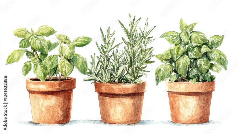 Fototapeta premium Three clay pots contain vibrant green herbs, including basil and rosemary, showcasing a fresh, natural aesthetic perfect for gardening enthusiasts.