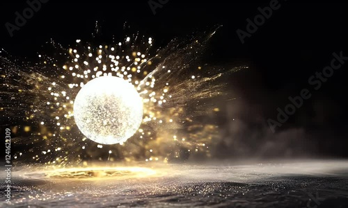 A glowing sphere bursts with golden energy in a dramatic abstract scene. A stunning futuristic concept perfect for technology, sci-fi, creativity, and cosmic explosion visuals photo