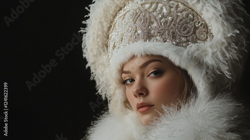 Elegant Snow Maiden in a luxurious white fur coat and ornate kokoshnik headpiece posing against a dramatic black background, showcasing traditional Russian winter attire. photo