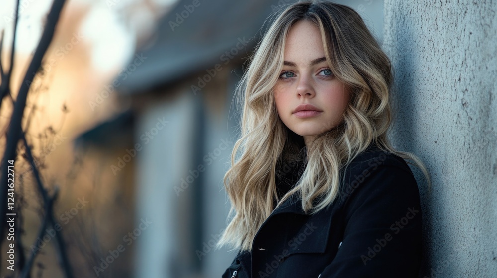 Young woman with wavy blonde hair in black jacket posing near textured wall during golden hour in soft outdoor light. Young woman with wavy blonde hair in black jacket posing near textured wall during golden hour in soft outdoor light.