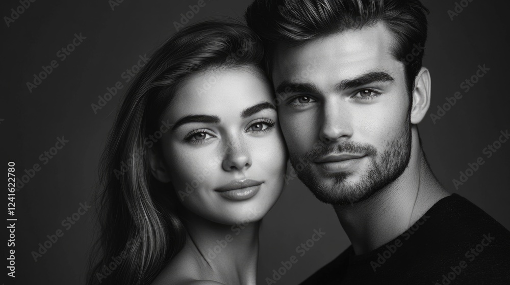 Stylish young couple close-up portrait in black and white against plain studio backdrop showcasing elegant woman with long hair and handsome man with well-groomed beard Stylish young couple close-up portrait in black and white against plain studio backdrop showcasing elegant woman with long hair and handsome man with well-groomed beard