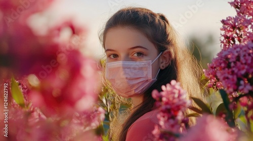 Teenage girl wearing medical mask amidst vibrant pink spring flowers in a blooming garden highlighting social distancing during health precautions photo