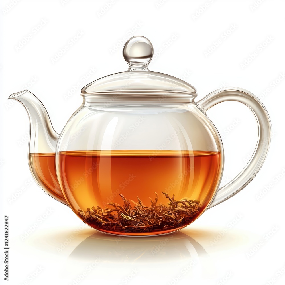 Classic glass teapot with hot herbal tea inside, isolated on a bright white background Classic glass teapot with hot herbal tea inside, isolated on a bright white background