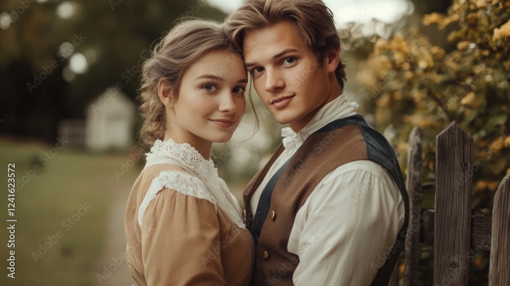 Young couple in traditional Austrian attire embracing at a wooden fence in a lush garden with greenery and yellow flowers during golden hour. Young couple in traditional Austrian attire embracing at a wooden fence in a lush garden with greenery and yellow flowers during golden hour.