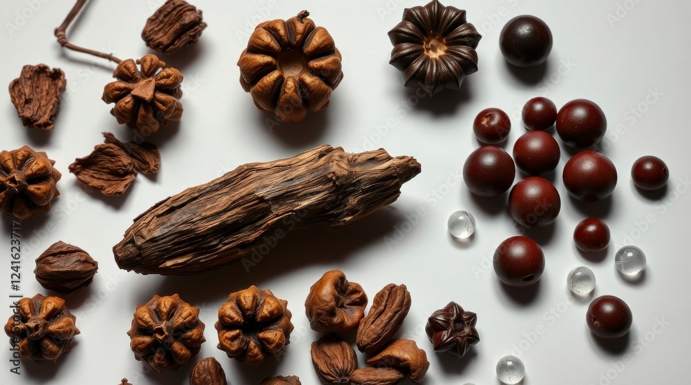 Obraz premium Unique Brown Wooden Seed Pods and Beads Still Life