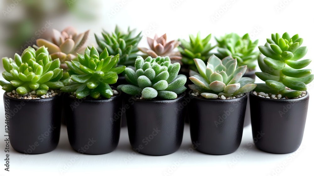 Row of miniature succulent plants in black ceramic pots against white background, showing variety of green shapes and textures. Perfect for modern home decor. Row of miniature succulent plants in black ceramic pots against white background, showing variety of green shapes and textures. Perfect for modern home decor.