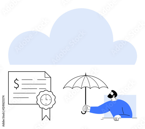 Retro certificate bearing dollar sign and time icon, person holding umbrella below large cloud, safety. Ideal for finance, cloud security, online protection, risk management, insurance, time