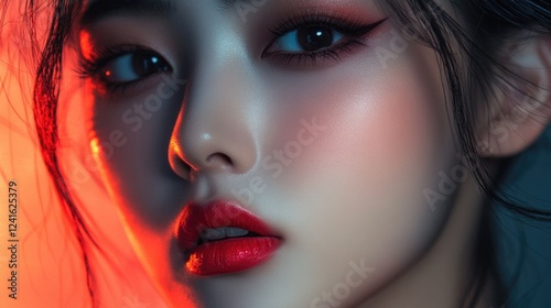 High Fashion Closeup Portrait of Asian Woman with Makeup and Bold Red Lips in Dramatic Lighting on Vivid Background photo