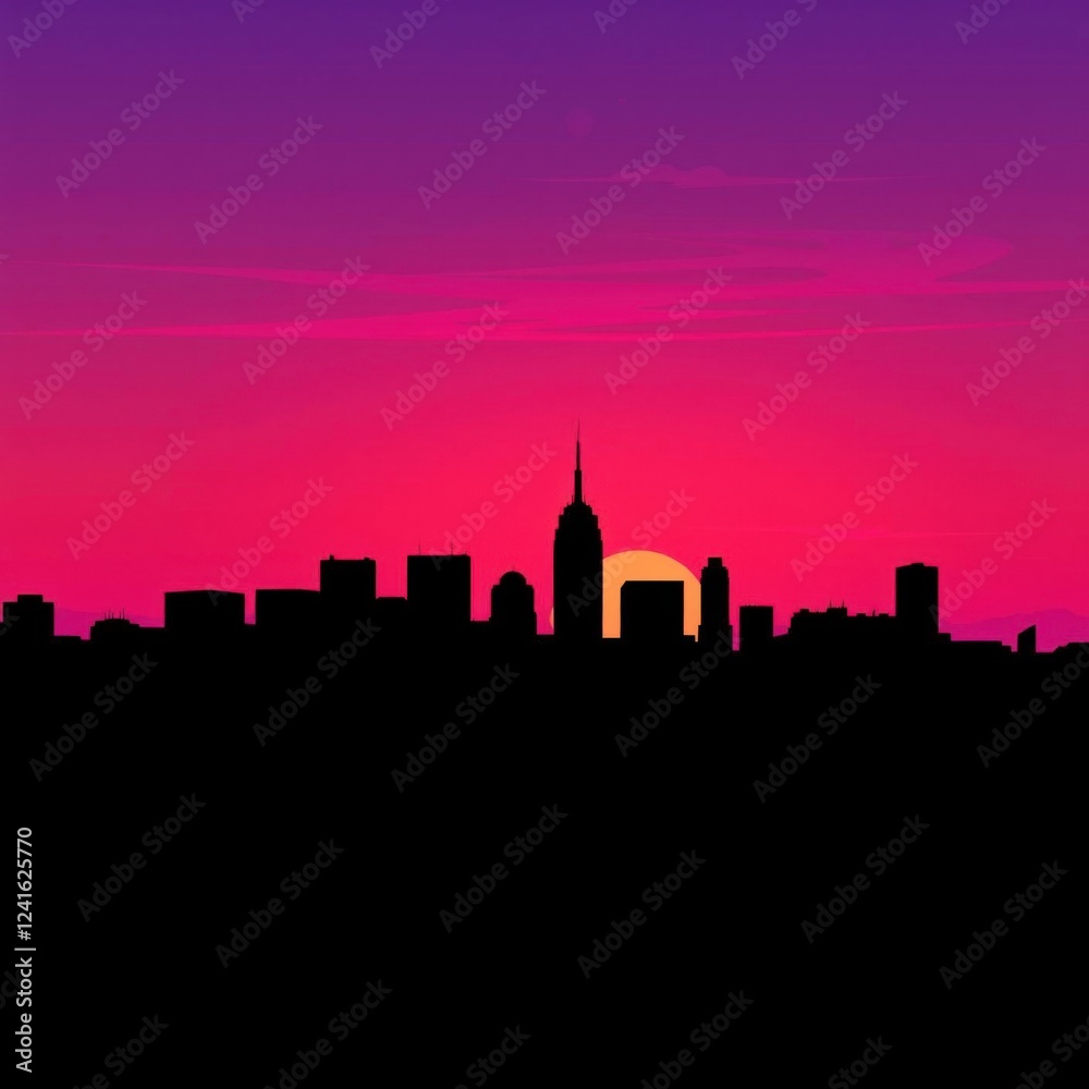 Naklejka premium Vibrant city skyline at dusk with pink and purple hues featuring modern skyscrapers against a colorful sky urban landscape beauty silhouetted skyline cityscape architecture illustration building city 